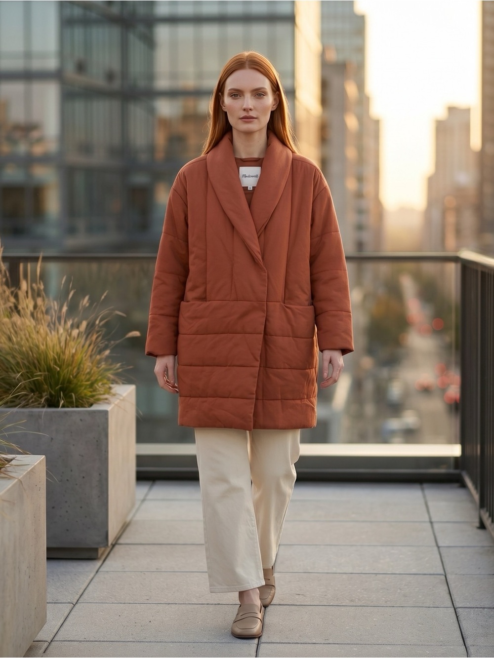 Madewell AE336 Quilted Puffer Coat Rust Brown Oversized Jacket Size Large